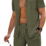 COOFANDY Men's 2 Pieces Shirt Sets Short Sleeve Casual Button Down Hippie T-Shirts Shorts Sets Summer Fashion Beach Outfits