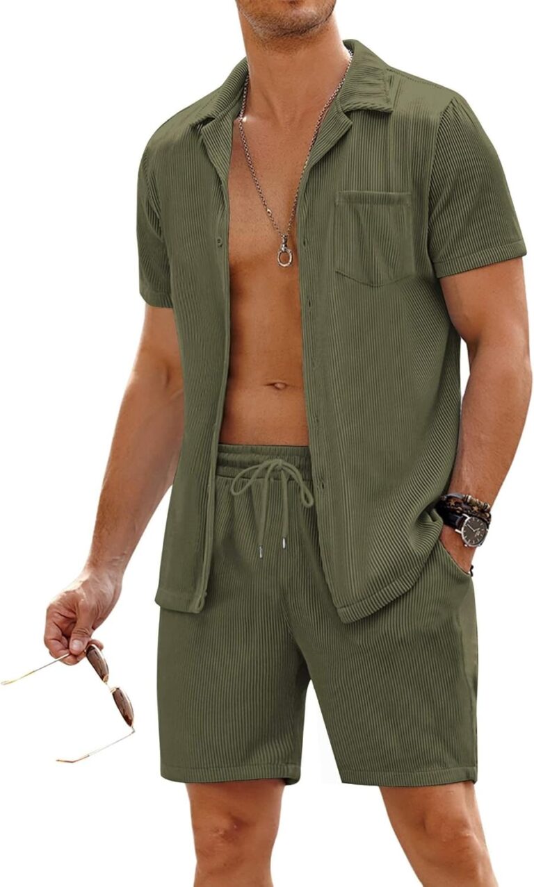 COOFANDY Men's 2 Pieces Shirt Sets Short Sleeve Casual Button Down Hippie T-Shirts Shorts Sets Summer Fashion Beach Outfits