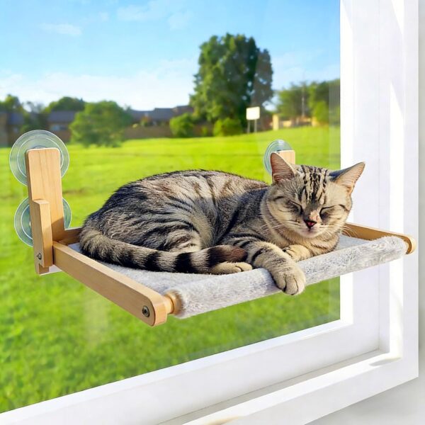Foldable Cat Window Perch, Natural Wood, 16.5''12'' Hammock, 35 lbs Weight Limit, Cat Window Hammock for Small Size Windows