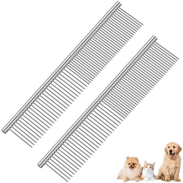 2 Pack Dog Grooming Comb Pet, Stainless Steel Cat Combs with Rounded Teeth, Professional Metal Tear Stain Remover, Dematting Tool for Small, Medium & Large Pets-7.5in