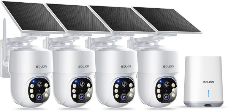 SOLIOM- 5MP Security Cameras Wireless Outdoor, No Subscription & Solar Powered,4-Cam Pack Home Security Camera with 360 Auto Human Motion Tracking, 3K Color Night Vision,5G & 2.4G Router Compatible