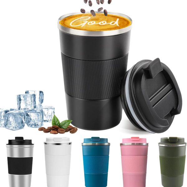 YINBAOGE Insulated Travel Coffee Mug, Spill & Leak Proof, Portable To Go Camping Stainless Steel Coffee Tumbler, Reusable Thermal Coffee Cup with Lid for Hot & Cold Drinks (Black, 12 OZ)