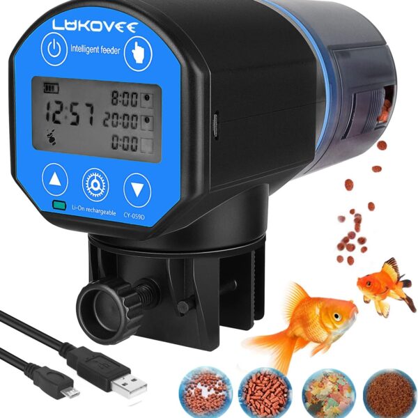 Lukovee Automatic Fish Feeder,New Generation Feeding Time Display USB Rechargeable Timer Moisture-Proof Aquarium or Fish Tank Food Dispenser with 200ML Large Capacity for Vacation Weekend Holiday,Blue