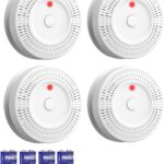 Smoke Detector, Lecoolife, 9V Battery Operated Smoke Alarm with LED Indicator, Silence Button, Battery Powered, White, 4 Pack
