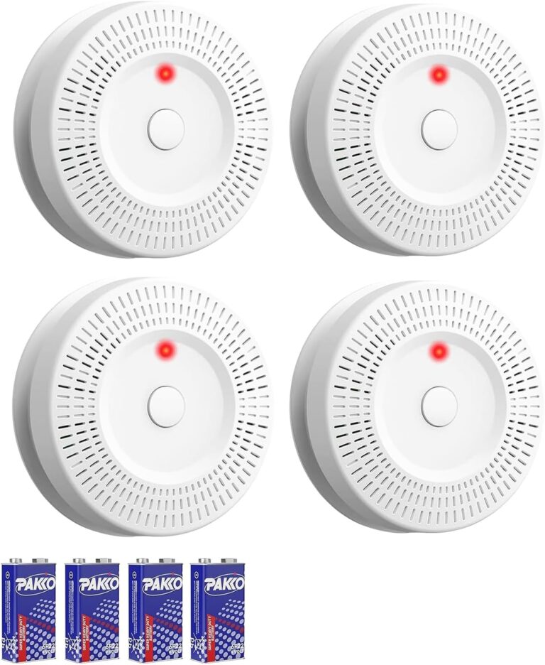 Smoke Detector, Lecoolife, 9V Battery Operated Smoke Alarm with LED Indicator, Silence Button, Battery Powered, White, 4 Pack