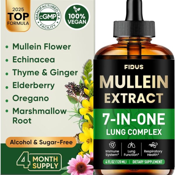 Fidus Mullein Drops for Lungs & Lymphatic Drainage  7 Herb with Echinacea, Oregano, Ginger, Elderberry, Marshmallow Root & Thyme Lung Detox for Smokers Respiratory & Immune Support, 4 fl oz