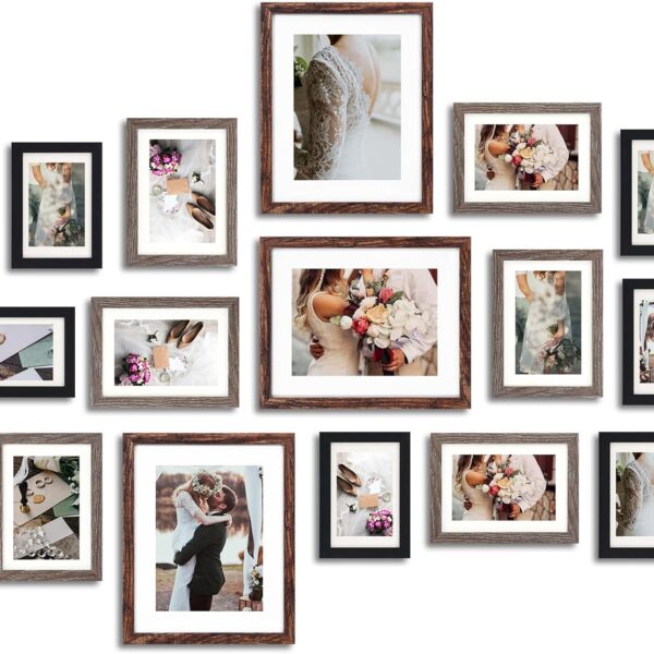 Fixwal Picture Frames Set, Gallery Wall Frame Set Picture Frames Collage 15 Pack for Wall or Tabletop with 8x10 5x7 4x6 Frames, Rustic Picture Frames in 3 Different Finishes