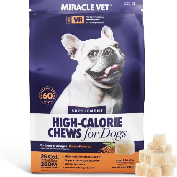 Miracle Vet Dog Weight Gainer Chews for Energy & Mass - High Calorie Dog Food Supplement - Appetite Stimulant & Healthy Weight Gain Supplements for Dogs - 60 Soft Dog Treats for Puppies and Adults