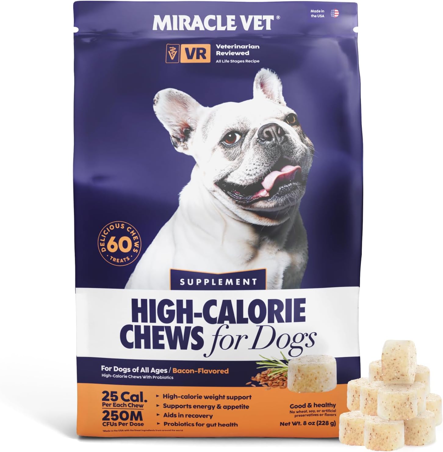 Miracle Vet Dog Weight Gainer Chews for Energy & Mass - High Calorie Dog Food Supplement - Appetite Stimulant & Healthy Weight Gain Supplements for Dogs - 60 Soft Dog Treats for Puppies and Adults Miracle Vet Dog Weight Gainer Chews for Energy & Mass - High Calorie Dog Food Supplement - Appetite Stimulant & Healthy Weight Gain Supplements for Dogs - 60 Soft Dog Treats for Puppies and Adults