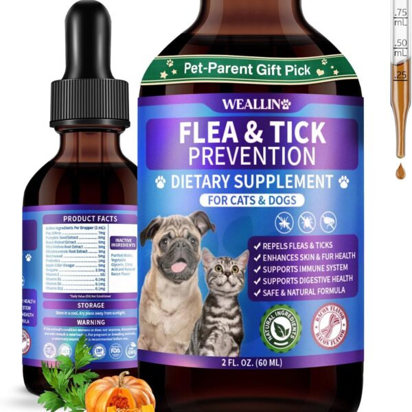 Flea and Tick Prevention Support for Cats and Dogs Natural Flea Treatment Drops with Multivitamin for Pets Oral Natural Supplement Flea and Tick Treatment Drops for All Breeds and Ages