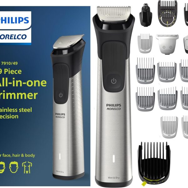 Norelco Philips Multigroom 7000 Series, All-in-One Trimmer, Beard Trimmer and Hair Clipper, 19-Piece Men's Grooming Kit for Beard, Head, Hair, Body, and Face, Soft Pouch, MG7910/49