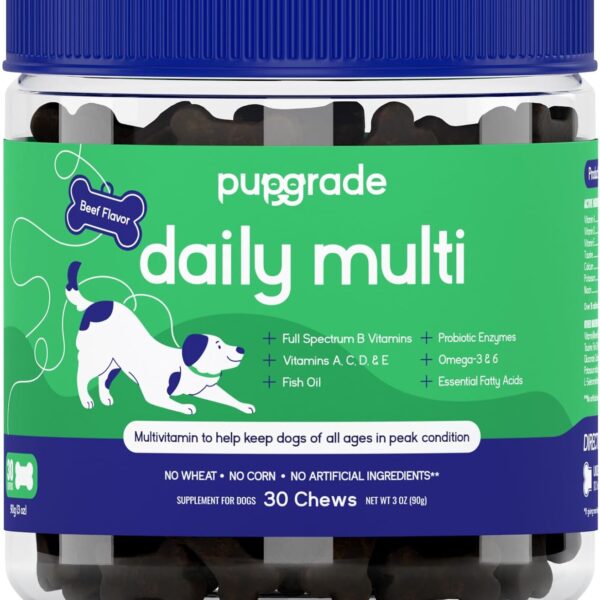 PupGrade Daily Multivitamin for Dogs - All-in-One Supplement for Digestive, Immune, Skin and Coat Health - 32 Healthy Nutrients, Probiotic Enzymes, Omega Fish Oil, Vitamins A, C, D & E - 30 Soft Chews