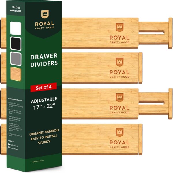 Bamboo Drawer Dividers Organizers, Adjustable Drawer Separator Splitters, 1722 Inches Expandable Drawer Divider Organizer for Large Utensils, Kitchen, Bedroom, Dresser & Office Drawers 4-Pack