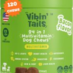 Vibin Tails 24-in-1 Dog Multivitamin, Glucosamine Chondroitin Hip & Joint Support, Probiotics & Omega-3, Skin & Coat - Puppy & Senior Chewable Dog Vitamins & Supplements Vet Formulated - 120ct Bacon