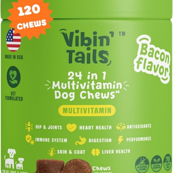 Vibin Tails 24-in-1 Dog Multivitamin, Glucosamine Chondroitin Hip & Joint Support, Probiotics & Omega-3, Skin & Coat - Puppy & Senior Chewable Dog Vitamins & Supplements Vet Formulated - 120ct Bacon