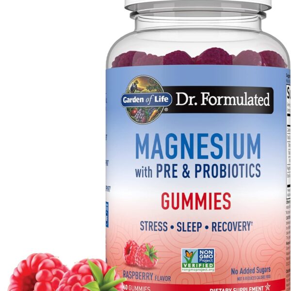 Garden of Life Magnesium Citrate Supplement Gummies with Prebiotics & Probiotics for Stress, Sleep & Recovery - Vegan, Gluten Free, Kosher, Non-GMO, No Added Sugars, Raspberry Flavor, 60 Count