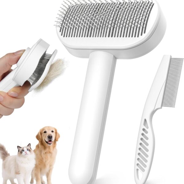 Self-Cleaning Slicker Brush for Dogs & Cats, 3-in-1 Grooming Kit with Detangling Comb & Storage Box, Deshedding Tool for Long Short Hair Pets, Soft Cat Brush Prevents Matting & Tangles, White