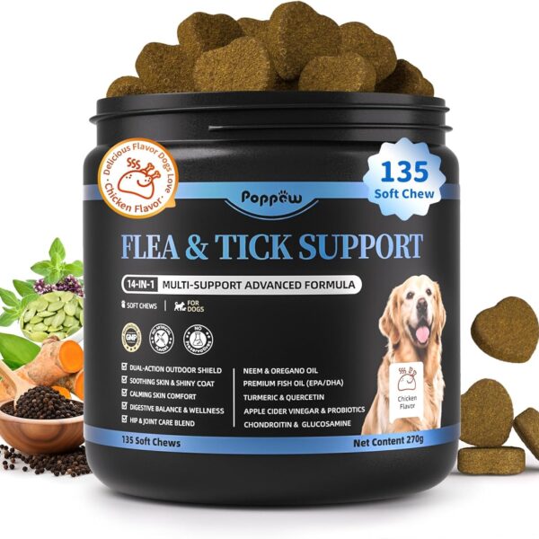 Dog Flea and Tick Treatment Chewable, 5-in-1 Natural Flea and Tick Prevention Chews, Dog Oral Flea and Tick Support Supplement, for All Breeds and Ages, Chicken Flavor, 135 Count