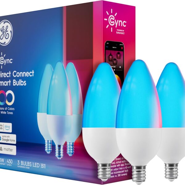 GE Cync Smart LED Light Bulbs, Color Changing Decorative Light Bulbs, Indoor WiFi Lights, Matter Compatible, Compatible with Alexa and Google Home, Candelabra Base (3 Pack)
