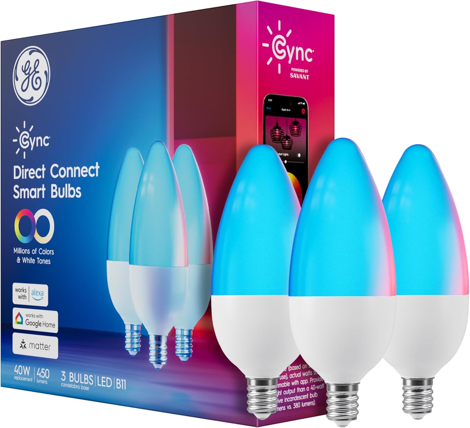GE Cync Smart LED Light Bulbs, Color Changing Decorative Light Bulbs, Indoor WiFi Lights, Matter Compatible, Compatible with Alexa and Google Home, Candelabra Base (3 Pack) GE Cync Smart LED Light Bulbs, Color Changing Decorative Light Bulbs, Indoor WiFi Lights, Matter Compatible, Compatible with Alexa and Google Home, Candelabra Base (3 Pack)