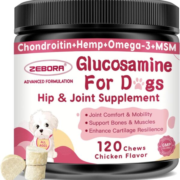 Glucosamine for Dogs, Joint Supplement for Dogs, Chondroitin, MSM, Hemp, Turmeric, Omega 3 for Pain Relief & Skin Health, Dog Hip and Joint Supplement with Calcium Support Bones Health, 120 Chews