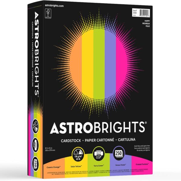 Astrobrights Color Card Stock, Happy Assortment, Letter (8.5" x 11"), 65 Lb, Pack Of 250