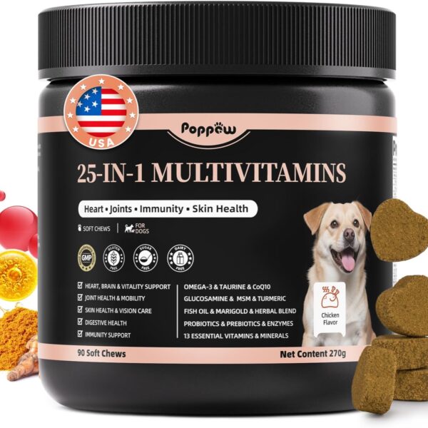 25-in-1 Dog Multivitamin Chews  All-in-One Daily Vitamins & Supplements for Dogs, Joint Support with Glucosamine MSM, Omega-3 Skin & Coat, Gut, Heart & Brain, All Breeds & Ages, Chicken, 90 Ct