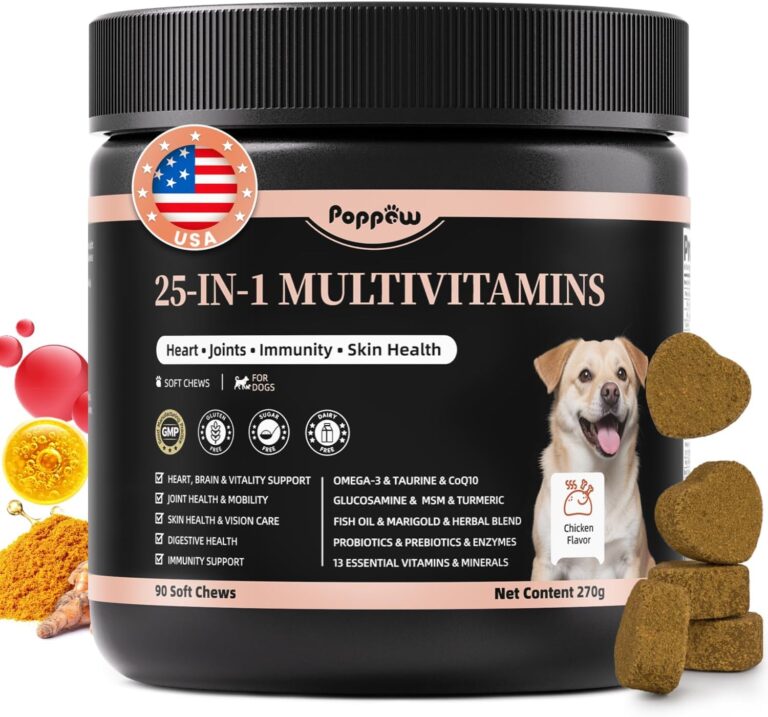 25-in-1 Dog Multivitamin Chews  All-in-One Daily Vitamins & Supplements for Dogs, Joint Support with Glucosamine MSM, Omega-3 Skin & Coat, Gut, Heart & Brain, All Breeds & Ages, Chicken, 90 Ct
