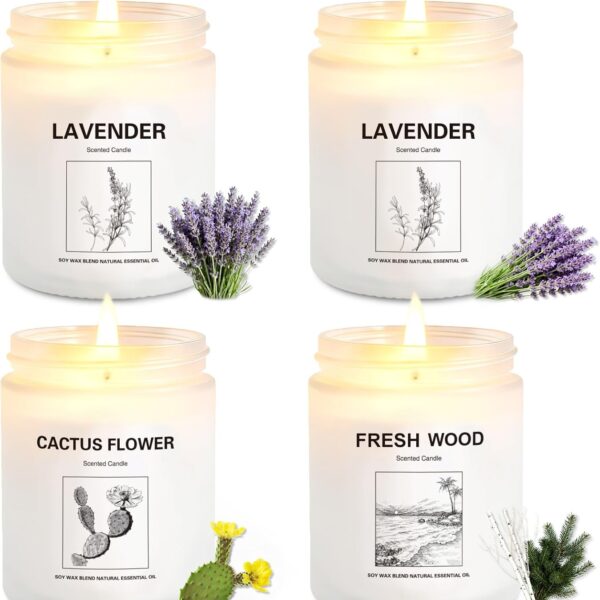 4 Pack Soy Wax Candle Gift Set Long Lasting Aromatherapy Candles for Home, Lavender, Cactus Flower & Wood Scents, Natural Relaxing Spa Candles for Women