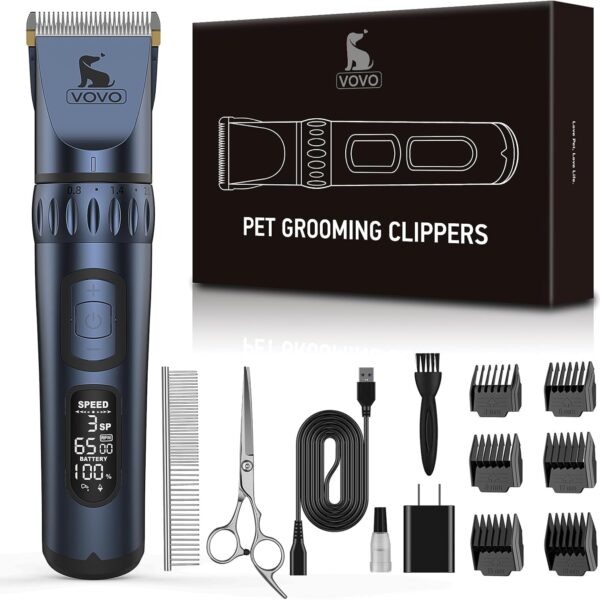 Vovo Dog Clippers - 3-Speed Heavy Duty, Low Noise Rechargeable Cordless Electric Dog & Cat Grooming Kit (Blue)
