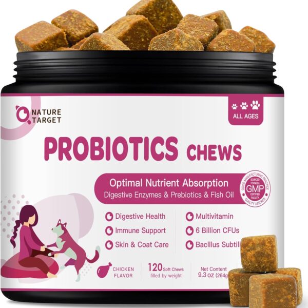 NATURE TARGET Probiotics for Dogs & Digestive Enzymes for Digestive Health - Plus Fish Oil & Vitamins Supplement for Allergies & Immune & Itchy Skin, 120 Chicken Flavor Probiotic Soft Chews