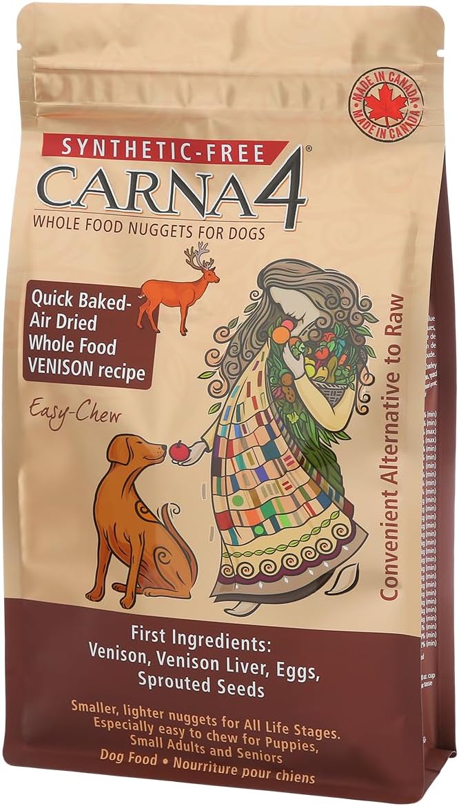 CARNA4 Air Dried Dog Food, Venison Recipe, Quick Baked Whole Food Nutrition with Sprouted Seeds, Natural Probiotics & Enzymes, No Synthetics, Easy-Chew - 2.2lbs