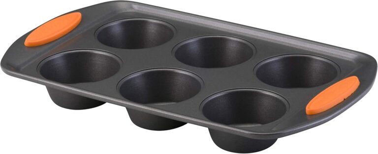 Rachael Ray Yum-o! Nonstick Bakeware Oven Lovin Cups Muffin Pan, 6-Cup, Gray with Orange Handles