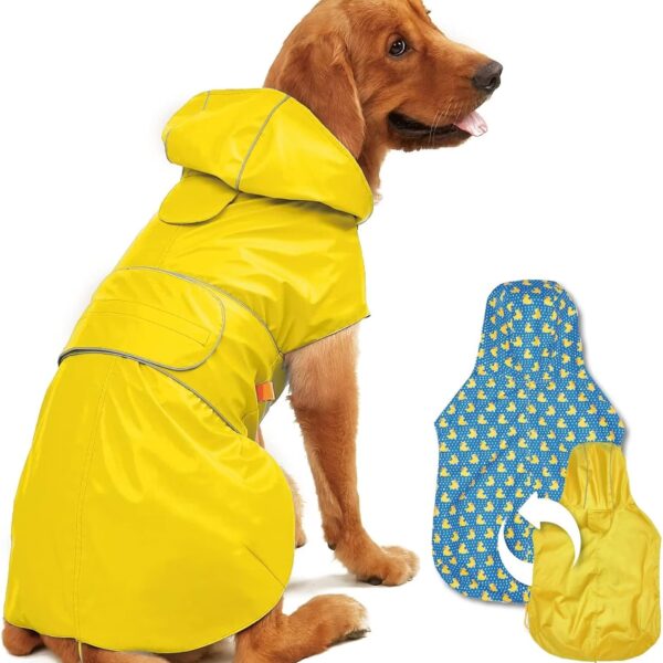 Dog Raincoat Reversible, Single Side Slicker Poncho Adjustable Waterproof Dog Rain Jacket with Leash Hole/Reflective Stripe Hooded Snowproof Windproof Clothes for Small to 3X-Large Dogs, XL