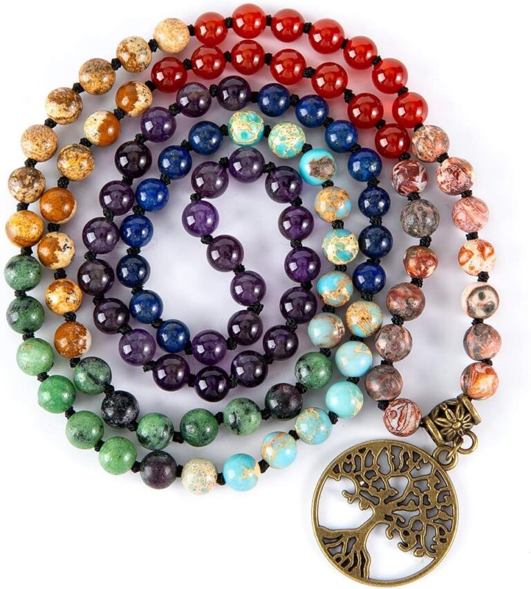 Bivei 7 Chakra 108 Mala Beads Bracelet Real Gemstone Yoga Meditation Hand Knotted Mala Prayer Bead Necklace