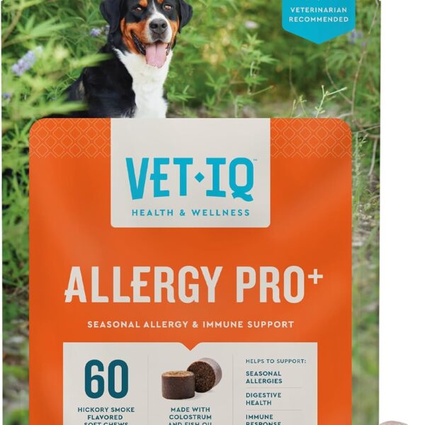 VetIQ Allergy Pro+ Soft Chews for Dogs, Dog Allergy Chews, Seasonal Support, Colostrum, Astragalus Root, Sporevia, Hickory Smoke Flavor, 60 Count