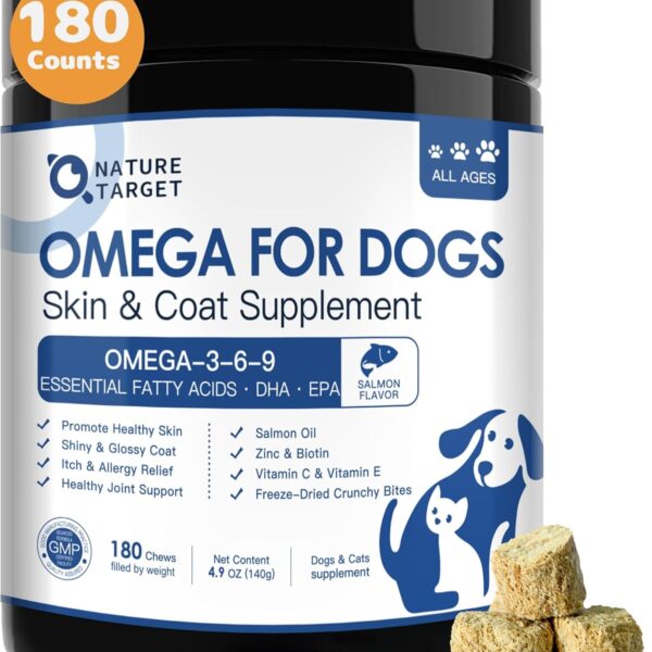NATURE TARGET Omega 3 Fish Oil for Dogs, Salmon Oil for Dogs Skin and Coat with EPA & DHA Fatty Acids, Dog Itchy Skin Relief & Hot Spot Treatment, Reduce Shedding, Support Hip & Joint Health - 180 ct