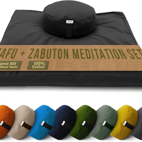 Bean Products Meditation Cushion Mat Set - Zafu Floor Pillow Organic Buckwheat Pillow + Cotton Filled Zabuton Prayer Pad - Meditation Pillow Yoga Knee Pad - Made in USA - 14" Round or 18" Oval