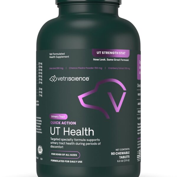 VetriScience Quick Action UT Health Chewable Tablets, UT Strength STAT Supplement for Dogs, Cranberry, Uva Ursi, and Chanca Piedra to Soothe Urinary Tract Discomfort, Smoke, 90 Count