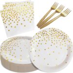 White and Gold Paper Plates Napkins Party Supplies,Disposable Gold Dot Paper Dessert Plates,105 PCS Birthday Plates and Napkins Party Supplies for Wedding(Serves 35 Guests 7")