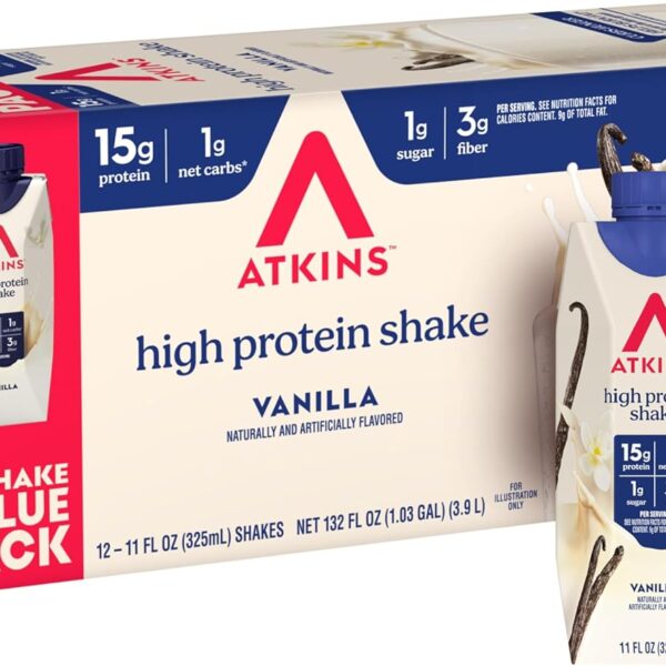 Atkins Vanilla High Protein Shake, 15g Protein, Low Glycemic, Low Carb and Low Sugar Protein Shakes, Keto Friendly Ready to Drink Shakes, 12 Vanilla Flavored Protein Shakes