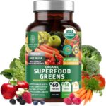 USDA Organic Superfood Greens [28 Powerful Ingredients] Natural Super Greens Capsules, Fruit and Veggie Supplement with Alfalfa, Beet Root and Ginger to Support Energy and Immunity, 60 Tablets