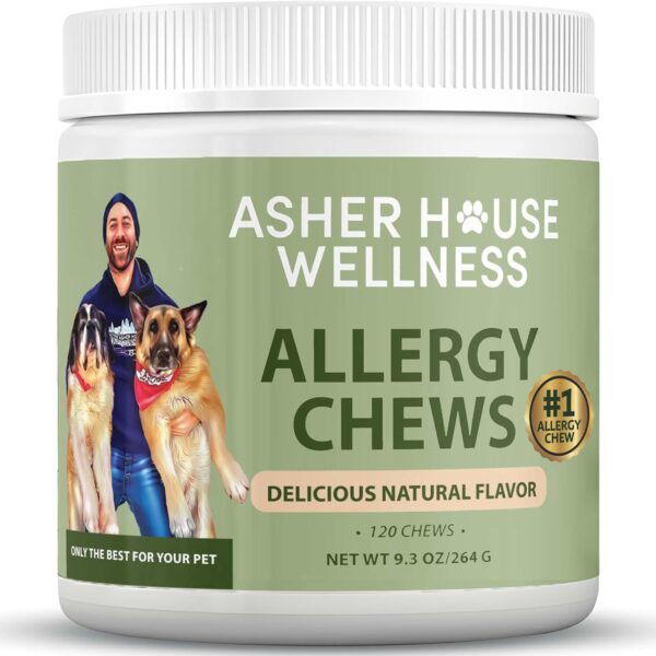 Asher House Wellness Dog Allergy Chews - All-Natural Itchy Skin Relief for Dogs with Bee Pollen, Colostrum - Licking Paw Treatment, Allergy Medicine for Dogs Over 12 Weeks, 120 Chews