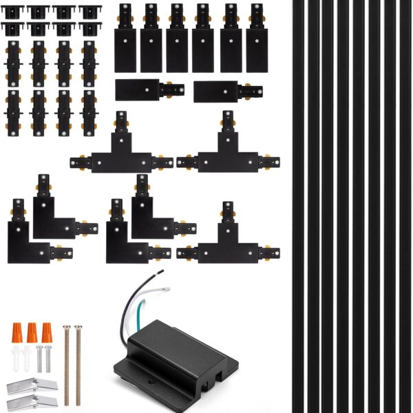 H Track Lighting Rails Kit - iCreating 26ft Black Track Light Track 3 Wire with Floating Canopy Connector, I and L Connectors for Single Circuit H Type LED Track Lighting Heads Fixtures
