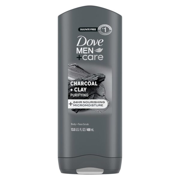 DOVE MEN + CARE Purifying Charcoal + Clay Body and Face Wash with 24-Hour Nourishing Micromoisture Technology Body Wash for Men, 13.5 oz