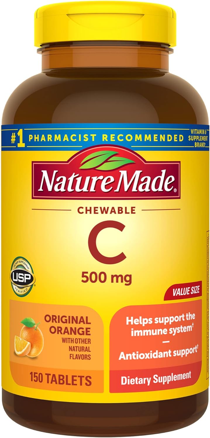 Nature Made Chewable Vitamin C 500 mg, Dietary Vitamin C Supplement for Immune Support, 150 Tablets, 150 Day Supply