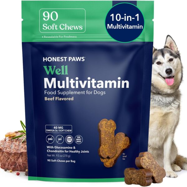 Honest Paws (90 Count) Dog Multivitamin Soft Chews with 10 Essential Vitamins - Joint, Coat, Immune, Eye & Heart Support - with Glucosamine, Chondroitin & Omega-3 - Beef Flavor