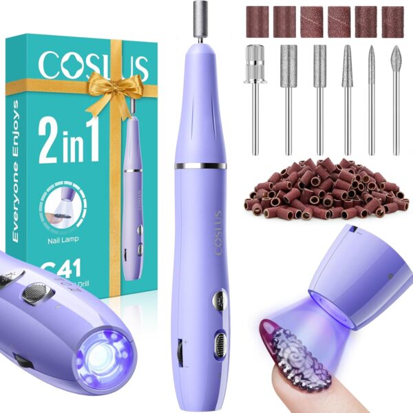 COSLUS Cordless Nail Drill Electric: 2-in-1 Nail File with Flash Cure for Acrylic Gel Dip Powder Nails, Stepless Control for Beginner Home DIY, Portable for Travel, Professional Pedicure Manicure Kit