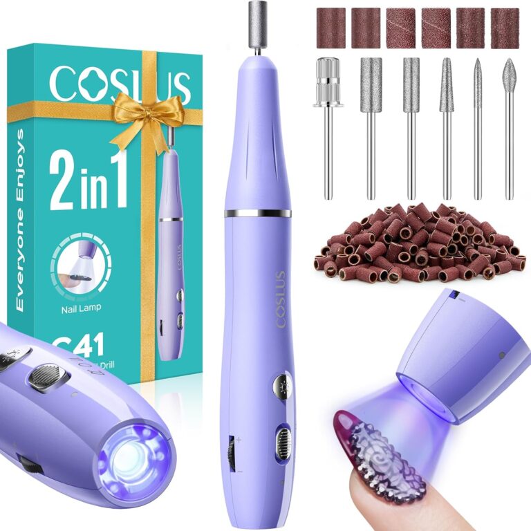 COSLUS Cordless Nail Drill Electric: 2-in-1 Nail File with Flash Cure for Acrylic Gel Dip Powder Nails, Stepless Control for Beginner Home DIY, Portable for Travel, Professional Pedicure Manicure Kit
