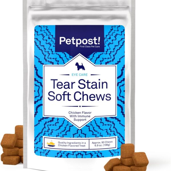 Petpost Tear Stain Remover Soft Chews for Dogs | 90 Count Chicken Flavor Dog Tear Stain Support Supplement | Gentle Eye Care for White Dogs & Light Breeds | Tylosin Free, Made in USA